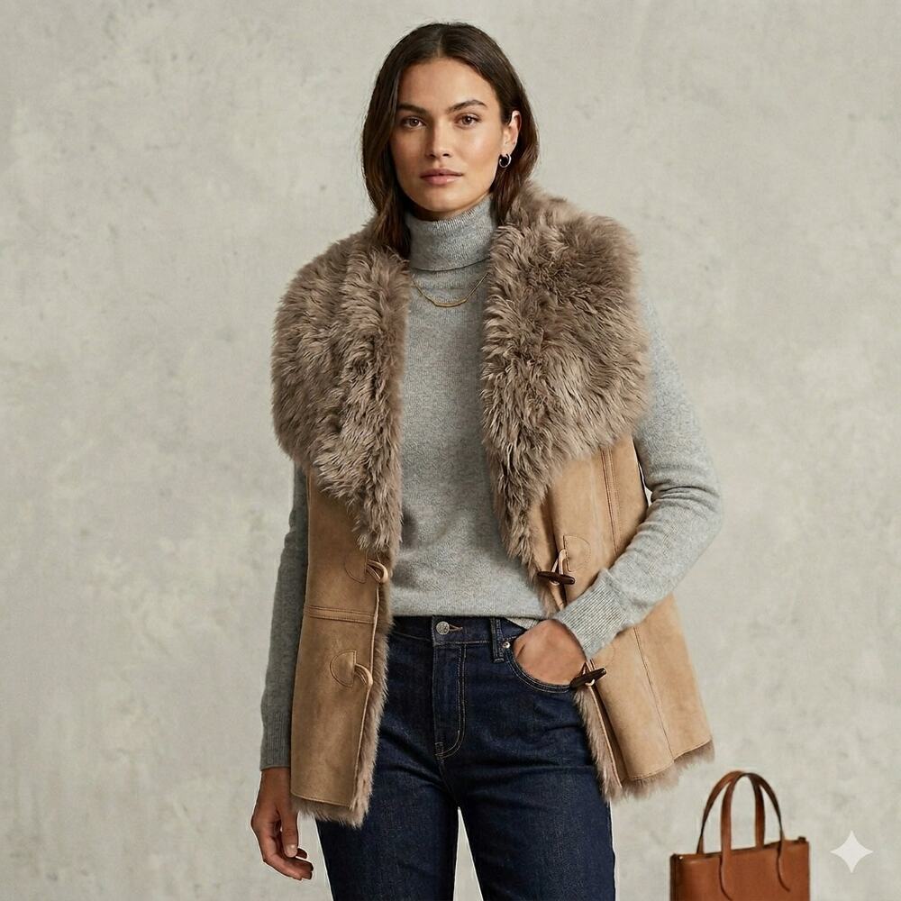 Lauren Ralph Lauren Lamb Shearling Vest XL Toggles Luxurious Old Money Western